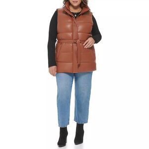 Levis Vegan Leather Puffer Vest Womens XL Brown High Loft Insulation Tie Zip New